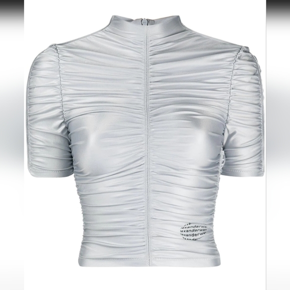 NWT$350 Alexander Wang Ruched Mock Neck Logo Silver Fox Crop Top Back Zip Sz XS - Picture 3 of 15